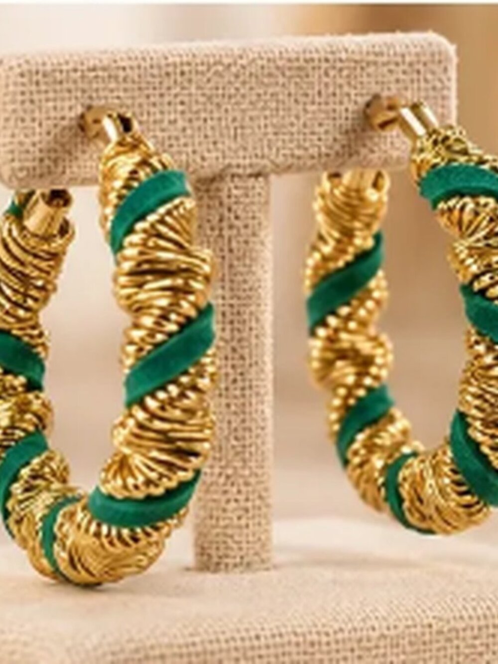 Gold & Green Textured Hoop Earrings